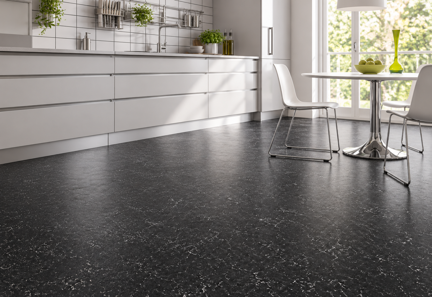 Bright Modern Kitchen with Black Marmoleum