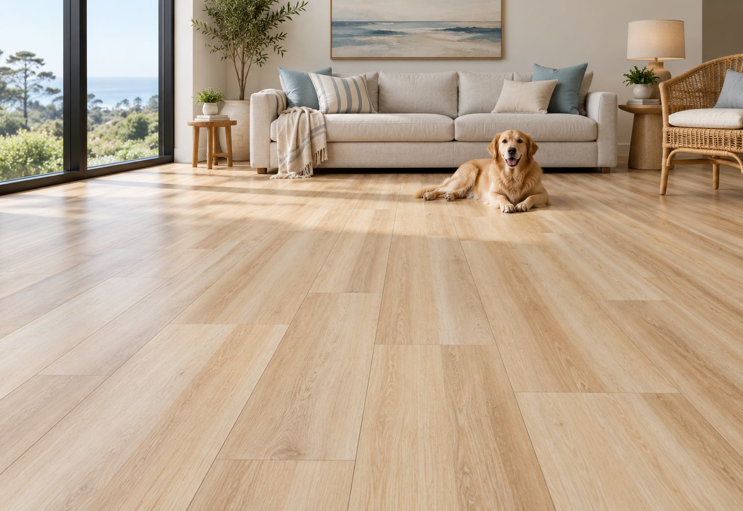 Coastal living room with blonde oak floors